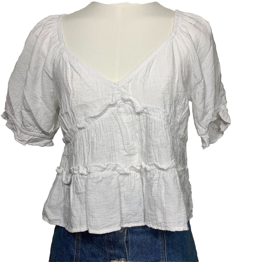 Kirious Los Angeles Blouse Womens Medium‎ White Ruffle Tie Back Peplum Boho Top